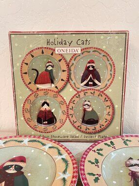 New Oneida Holiday Cats Plates Set of 4 Fiddlestix Stoneware Christmas Winter